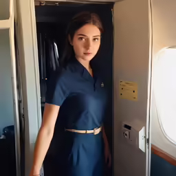 an asian woman standing by a doorway on a commercial plane