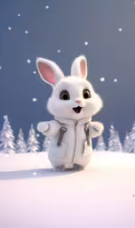 the animation rabbit stands on one leg while holding a pocket watch,an animated white rabbit wearing a white snow coat