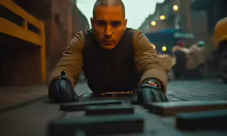 a man sitting on the street touching down a cell phone
