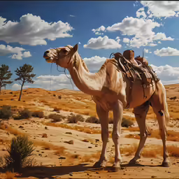 a camel in the desert with some dirt on it