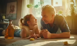 a man lying on the floor with his daughter