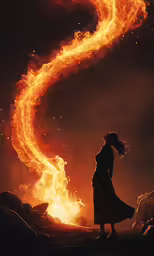 a woman walking down the street in front of a fire