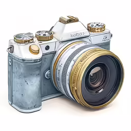 a white and gold camera sitting next to each other