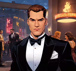 a person standing in front of a crowd with an advertisement on a building,a man wearing a tuxedo standing in front of a movie theater