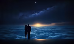 two people standing near each other with the sky above them