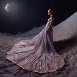 a woman wearing an evening gown standing in the desert at night with full moon in the sky above her,an image of woman in evening dress standing alone at night