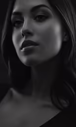 a woman with long hair wearing black lipstick