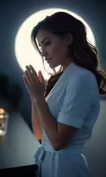 the girl is praying with a candle in the background