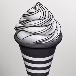 an ice cream cone with black and white lines and whip cream on top