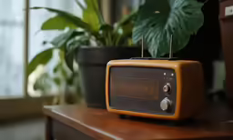 an orange tv sits on top of a wooden dresser