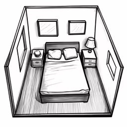 a sketch of a bed in a small bedroom