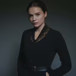 a women standing in a dark room in front of a black background