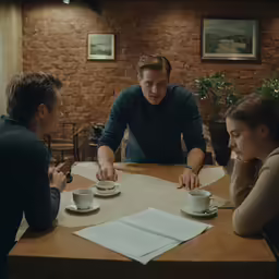 three people sitting around a table in a restaurant