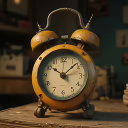 an old yellow alarm clock on top of a table