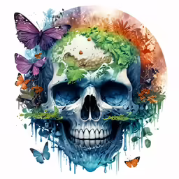 a skull with butterfly butterflies and a globe