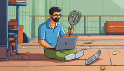 a man holding a tennis racquet on his knee,a man sitting on the floor working on his laptop