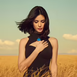 a beautiful woman in a black dress standing in tall grass