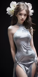 a woman posing in a sexy silver dress with flowers on her head