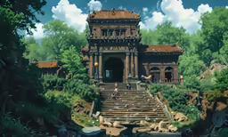 a scenic scene of the asian - style palace with a waterfall and steps