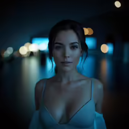woman with no bra standing in a dark hallway