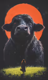 a black cow standing in a field at night, with the moon in the background
