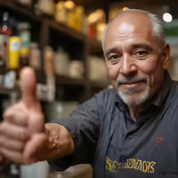 a man giving a thumbs up in a shop