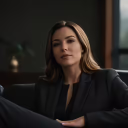 a beautiful woman sitting down in a black suit
