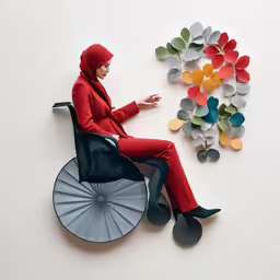 a lady in red is sitting next to a flower