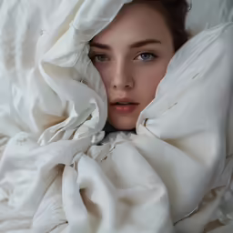 a young woman under the covers of a white blanket