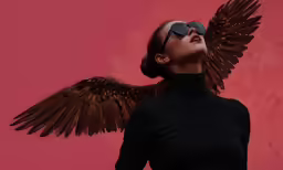 a woman with dark sunglasses is looking upward and wings are out