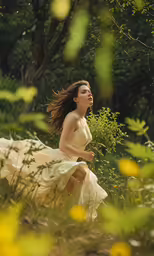 a woman is running in the middle of flowers