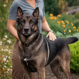 a woman holding her black and brown dog