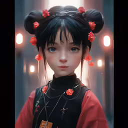 a portrait of an asian doll with red flowers in her hair