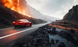 a red sports car driving along a mountain road
