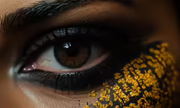closeup shot of a womans eye with her painted yellow flowers on the petals