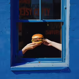 someone is holding up a hamburger to their face