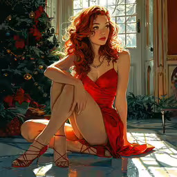 a woman wearing red sitting on the floor,a woman in a red dress sitting on the floor