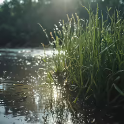 the reflection of some plants in water