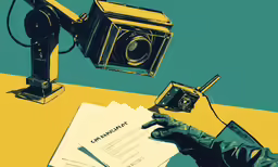 an old camera and some papers are on the table