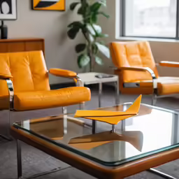 a modern glass coffee table topped with a yellow chair and foot stool