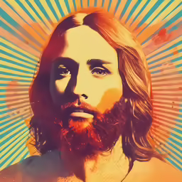 a picture of jesus with a grungy sunburst