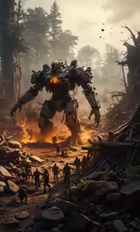 some people are looking at a large robot