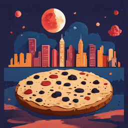 a pizza on a table with a cityscape in the background,the pizza is on the ground with a city in the background