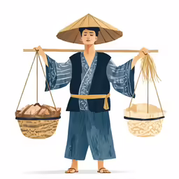 a person in an asian outfit holding three baskets