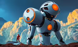 a white robot in the middle of some mountains