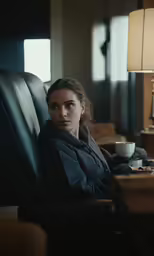 a woman sitting in a black leather chair holding a coffee cup