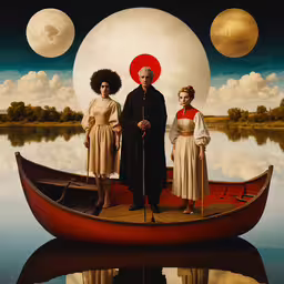 a couple of people are on the boat together,three people stand in front of a white sphere