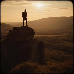 a man standing on top of a rock near the sun