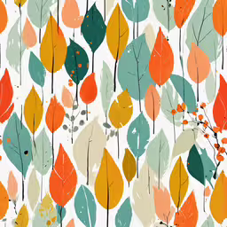 an orange and green tree with leaves in the background,a colorful floral pattern with orange, blue, green and yellow flowers
