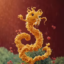 yellow, intricate sculpture made of rope and plastic with a smiling dragon head